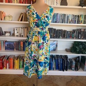 Avenue Sleeveless Wrap Top Vibrant Watercolor Floral Fit and Flare Cotton Dress